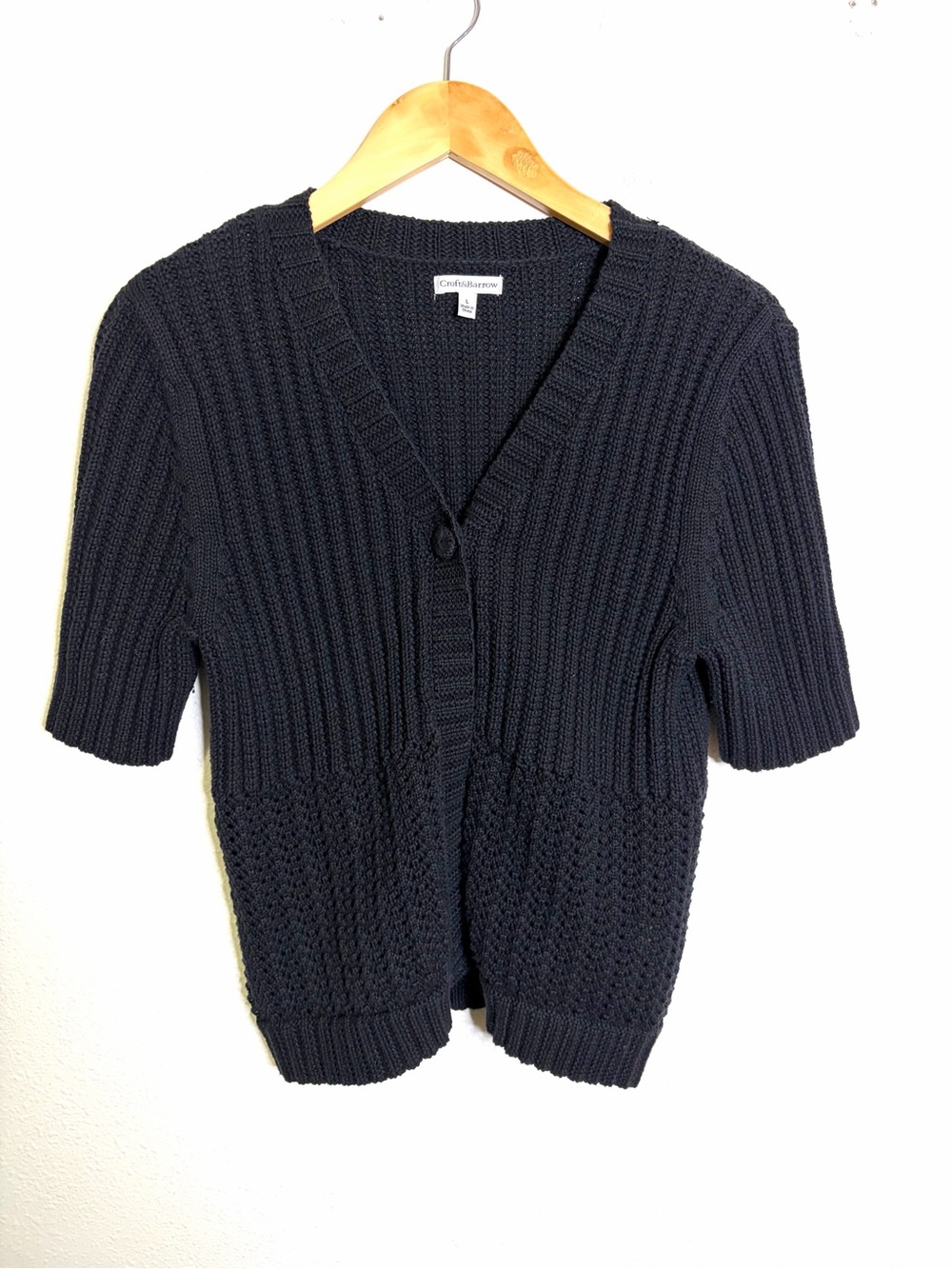 100% cotton croft & barrow black Short-Sleeve Textured Knit Cardigan sweater